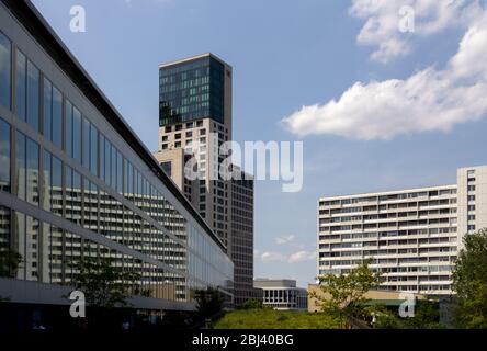 Berlin, Germany - June 4, 2019: The skyscraper Zoofenster rising high above the city on a warm summer day. The building houses a luxury hotel. Stock Photo