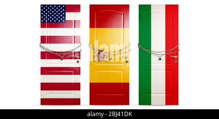 Door colored in USA, Spain, Italy national flags, locking with chain. Countries lockdown during coronavirus, COVID spreading. Concept of medicine and healthcare. Worldwide epidemic, quarantine. Stock Photo