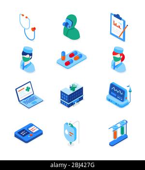 Healthcare and medicine - set of modern isometric icons Stock Vector