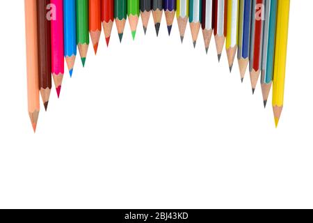 Many different colored wooden pencil crayons placed in a wave shaped row in front of a white background Stock Photo