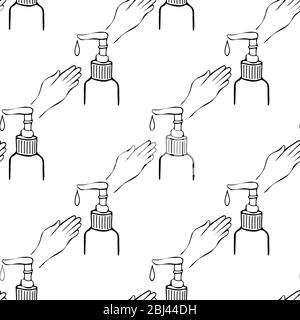 Seamless pattern hand washing with a sanitizer hand drawn Stock Vector