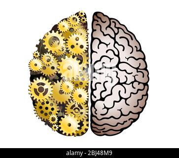 Vector Mechanical Human Brain On White Background. Cerebral Hemispheres, Convolutions Of The Mind Brain. Cog Wheel And Gears, Hard Process Of Thinking Stock Vector