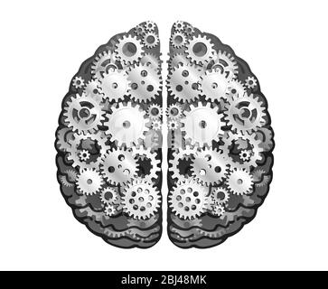Vector Mechanical Human Brain. Silver Metal Cog Wheels And Gears. Cerebral Hemispheres, Convolutions Of The Mind Brain. Process Of Thinking And Findin Stock Vector