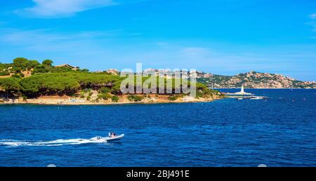 La Maddalena, Sardinia / Italy - 2019/07/17: Panoramic view of La Maddalena archipelago Tyrrhenian Sea coastline with La Maddalena island beaches Stock Photo