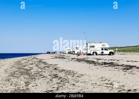 RV's set up camp along Race Point Beach at Provincetown in Cape Cod. Stock Photo