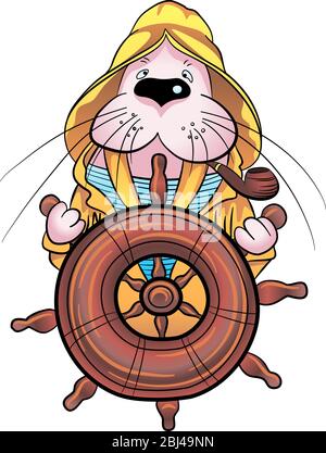 Cute walrus captain in sailor suit at the helm of the ship, cartoon hand drawn vector illustration Stock Vector