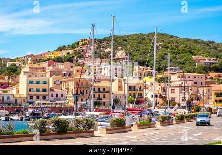 La Maddalena, Sardinia / Italy - 2019/07/17: Panoramic view of La Maddalena old town quarter with port at the Tyrrhenian Sea coastline Stock Photo