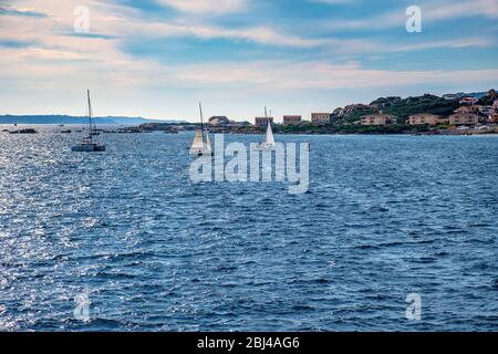 La Maddalena, Sardinia / Italy - 2019/07/17: Panoramic view of La Maddalena archipelago Tyrrhenian Sea coastline with La Maddalena island beaches Stock Photo