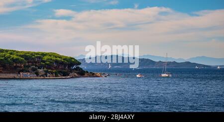 La Maddalena, Sardinia / Italy - 2019/07/17: Panoramic view of La Maddalena archipelago Tyrrhenian Sea coastline with La Maddalena island beaches Stock Photo