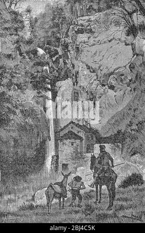 Hammers of a fulling mill adventure. Don Quixote novel scene. Illustration from S. Calleja Edition published in 1916 Stock Photo