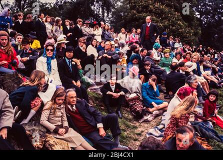 Eton Founders Day pupils and parents gather on the river bank for the Procession of Boats 1971 Stock Photo