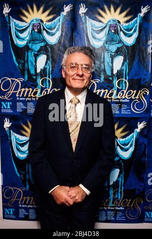 Peter Shaffer playwright opening night of his play Amadeus at the National Theatre 1979. Schaffer also wrote Equus and The Royal Hunt Of The Sun Stock Photo