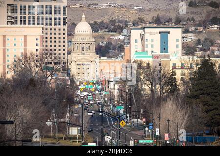 View of downtown Boise as seen from the Boise Train Depot in the winter. Stock Photo