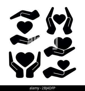Heart in hands black color vector icon set isolated on white background. Organ donation, people support concept. Flat simple design illustration for a Stock Vector
