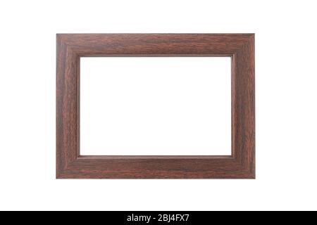 Empty rectangular wooden photo frame Isolated on white. Stock Photo