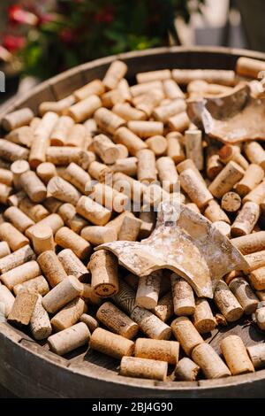 Kotor, Montenegro - 05 JULE 2019: Wine corks. The texture of wine crusts. Lots of corks from under wine bottles. Montenegrin winery Plantaze Stock Photo