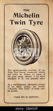 Vintage advertisement for the Michelin twin tyre used on commercial vehicles and heavy cars in the early days of motoring. Stock Photo