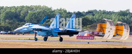 Ukrainian Air Force Su-27 Flanker deploying a braking chute. Stock Photo