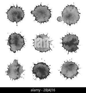 Black watercolor painted stains set. Set of watercolor black blobs isolated on white background Stock Photo