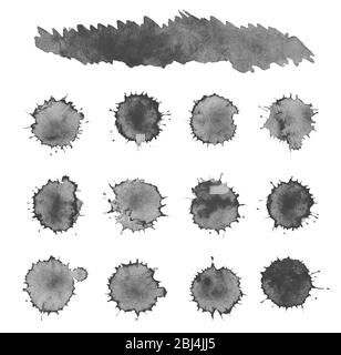 Watercolor splashes isolated on white background. Set of black watercolor stains.  Black ink splatters isolated Stock Photo