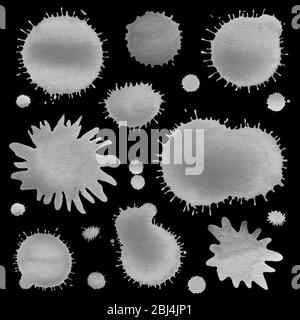 Ink set with isolated black stains. Set of abstract watercolor blot. Set of watercolor gray blobs isolated on black background Stock Photo