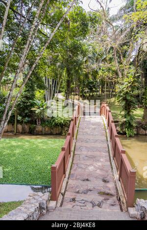 Small beautiful brown Bridge over the lake and river Tasik Perdana in the Perdana Botanical Gardens in Kuala Lumpur, Malaysia. Stock Photo