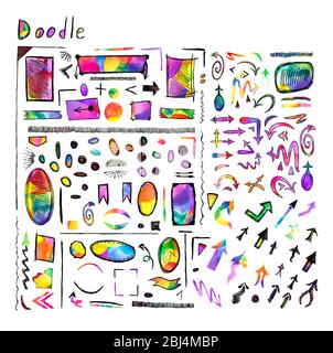 Big set of arrow doodle. Hand drawn  shapes circles  squares speech bubbles  lines. Stock Photo