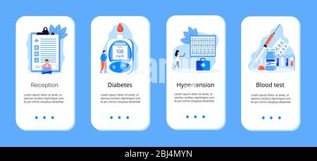 Diabetes mellitus, type 2 diabetes and insulin production concept vector. App templates with magnifier and blood glucose testing meter. Stock Vector