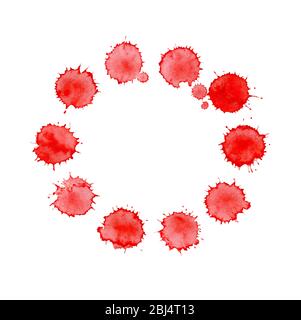 Round frame made of watercolor rainbow blobs, colorful paint drops texture. Colorful watercolor splashes isolated on white background Stock Photo