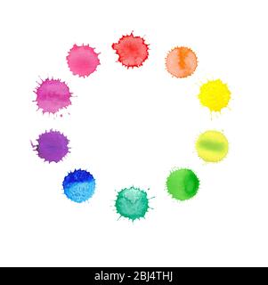 Round frame made of watercolor rainbow blobs, colorful paint drops texture. Colorful watercolor splashes isolated on white background Stock Photo