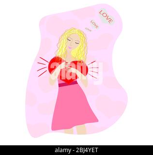 girl with blond curly hair in a pink dress with a red heart pressed to her dreams of love Stock Vector