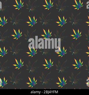 seamless pattern of hemp leaves and hemp leaf contours painted in rainbow colors on a dark gray background. LGBT Symbols Stock Vector
