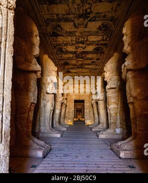 The hypostyle hall of the Great Temple at Abu Simbel with Osiris pillars Stock Photo
