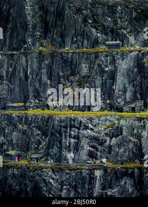Abandoned buildings on many levels in Dinorwig slate quarry. Stock Photo