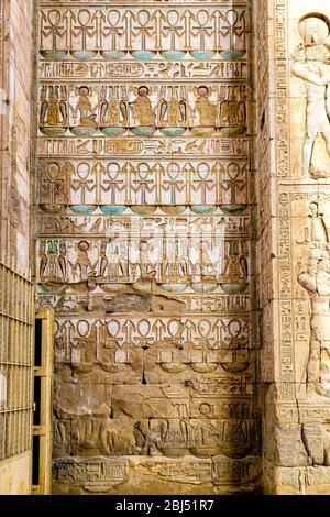 Hieroglyphics on the inside of the Gateway of Ptolemy III Euergetes, entrance to the Temple of Khonsu in the Karnak Temple Complex Stock Photo