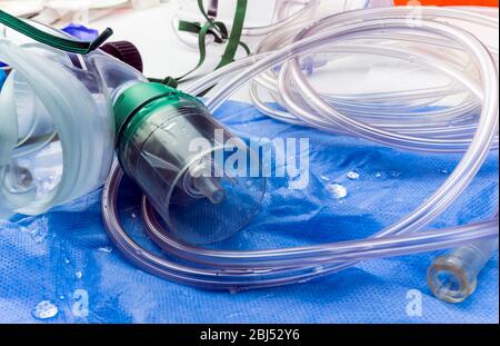 Detail of oxygen mask and water drops, conceptual image Stock Photo