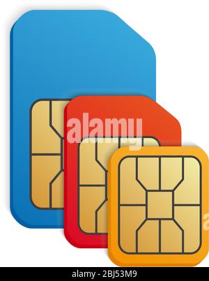Realistic colored SIM card set. Standard, Micro, Nano -different phone card types. Stock Vector
