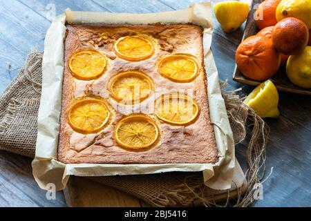 Citrus cake decorated with sliced orange Stock Photo