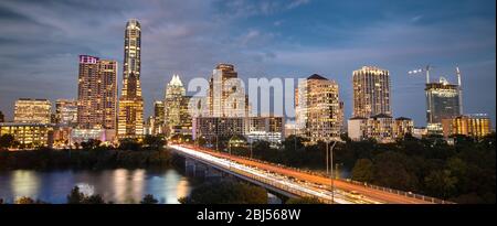 Downtown Congress Avenue Bridge and city skyline in Austin Texas USA Stock Photo