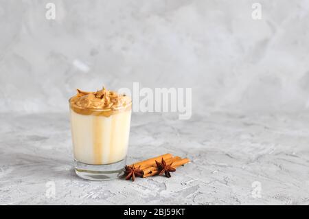 Homemade Dalgona coffee in glass . Recipe popular Korean drink latte with foam of instant coffee. Created new drink during Quarantine and self-isolati Stock Photo