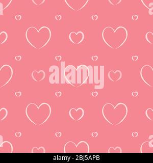 Seamless pattern vector with shades of soft pink hearts with paintbrush stroke effect doodle drawings. Illustration is isolated on salmon background. Stock Vector