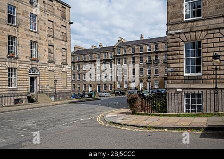 Deserted corner of Northumberland Street and Nelson Street at the time of the covid-19 lockdown. Stockbridge, New Town, Edinburgh, Scotland, UK. Stock Photo