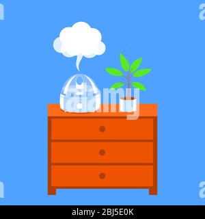 Humidifier with water vapor on a wooden chest. Near a home plant. Vector illustration. Stock Vector