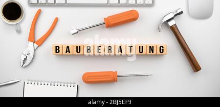 set of tools and cubes with German message for CONSTRUCTION CONSULTING on white background Stock Photo