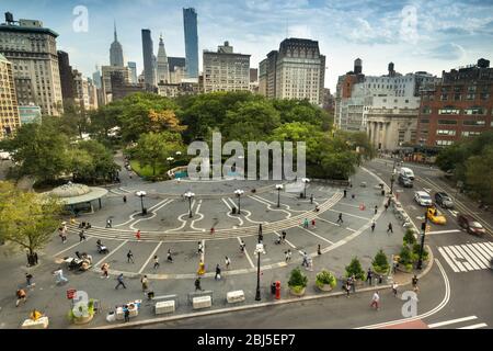 Aerial view of people walking through the plaza of Union Square Park in midtown Manhattan New York City USA Stock Photo