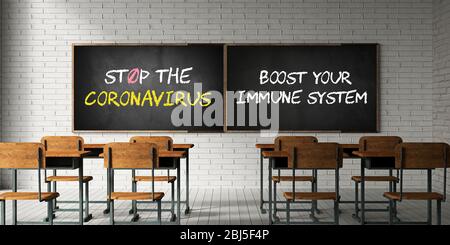 empty classroom with the message STOP THE CORONAVIRUS, BOOST YOUR IMMUNE SYSTEM on a blackboard - 3D rendered illustration Stock Photo