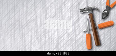 hammer, screwdriver and other tools on brushed aluminum background - 3D rendered illustration Stock Photo