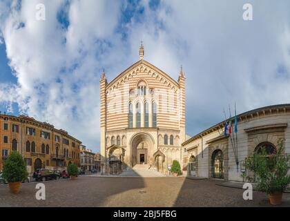 Verona, Italy - September 5, 2015: Facade of the church of the San Fermo Maggiore - Saints Fermo and Rustico. Built in the romanesque and gothic style Stock Photo