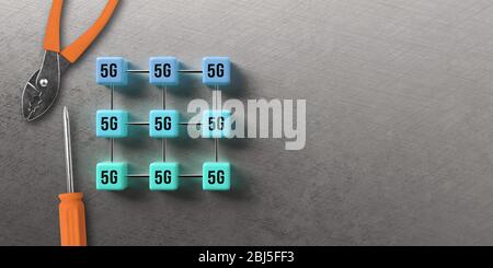 cube grid with 5G symbols symbolizing connected network nodes and tools that are maintaining the grid on aluminum background - 3D rendered illustratio Stock Photo