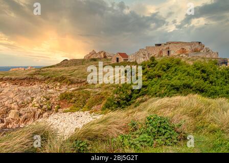 Ruins of German WW2 fortifications at the coastline of Guernsey, Channel Islands, UK Stock Photo